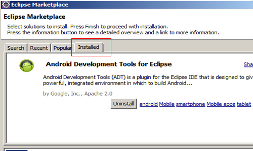 Eclipse Marketplace installed plugins tab