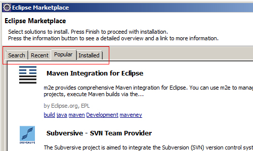 Eclipse Marketplace Tabbed navigation