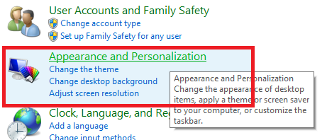 Now appearance and personalization is being selected from the list of available options