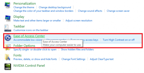 Ease of Access Center is being selected