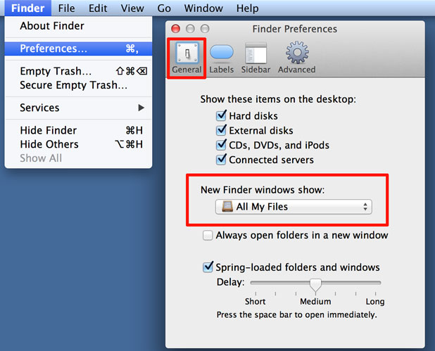 Preferences - General - New Finder windows show