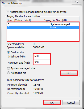 tamanho de memória digital recomendado no Windows Vista 7