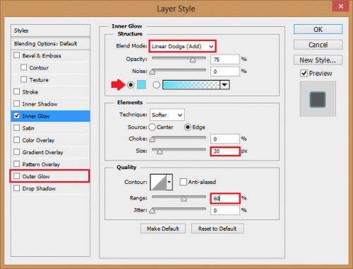 Set blend mode to linear dodge, pick a baby blue , change the size to 20px and the range to 60%