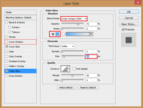 Set the blend mode to linear dodge and pick another bluem set the size to 10px and the range to 50%