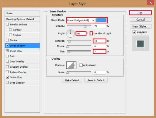 set blend mode to linear dodge, pick baby blue. Uncheck global light, set angle to 90 degrees. Then change distance to 10px and size to 7