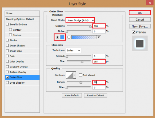 set blend mode to linear dodge. Change the opacity to 100%, select a baby blue, change the size to 155px. and the range to 60%