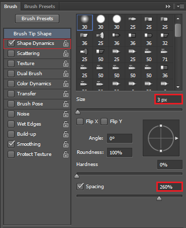 Shape dynamics, set size to 3px and spacing to 260%