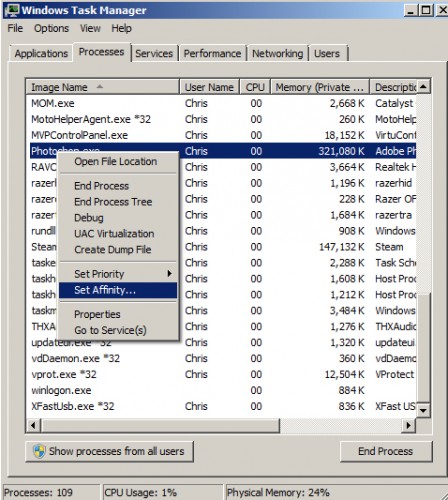 Windows 7 Task Manager Set Affinity right click