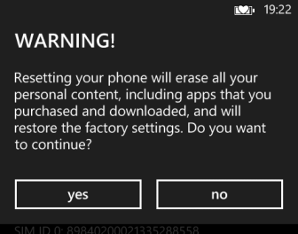 reset warning windows phone 8