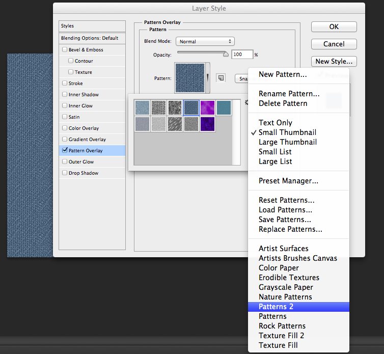 First, create a new file. Then unlock layer, add layer style, then find denim pattern