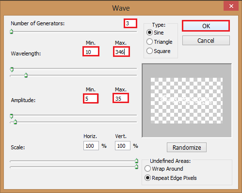 Set generators to 3, wavelength to 10 - 346 and the amlitude to 5 - 35