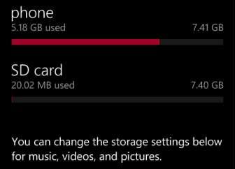 windows phone 8 space left