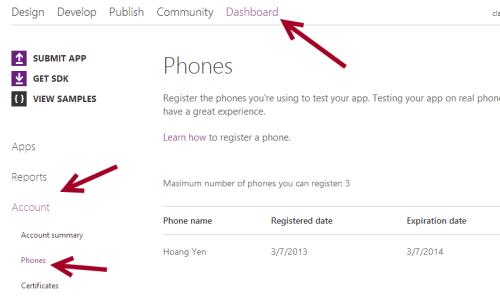 windows phone 8 developer dashboard