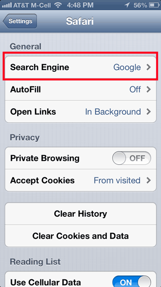 selecting a different search engine through Safari Settings