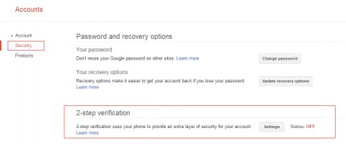 Google 2-step verification settings