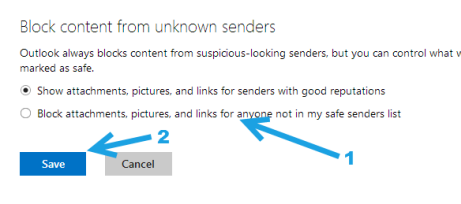 block content from unknown senders outlook.com
