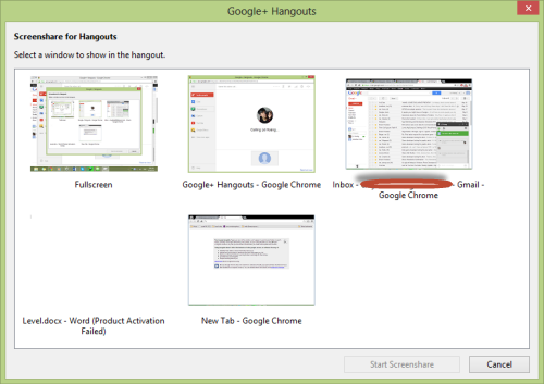 google hangout select screen share