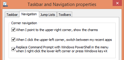 windows 8.1 corner navigation settings