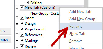 rename a new custom tab on ribbon