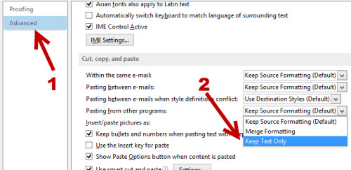 outlook 2013 paste as plain text