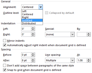 word 2013 indents and spacing settings