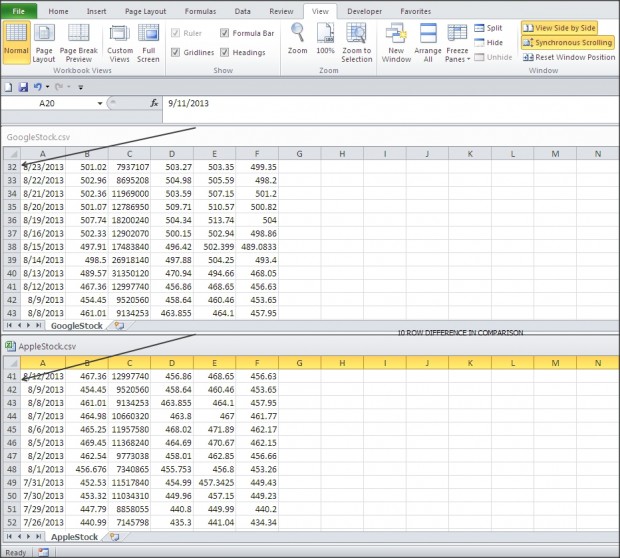 10 Row difference when scrolling two  files