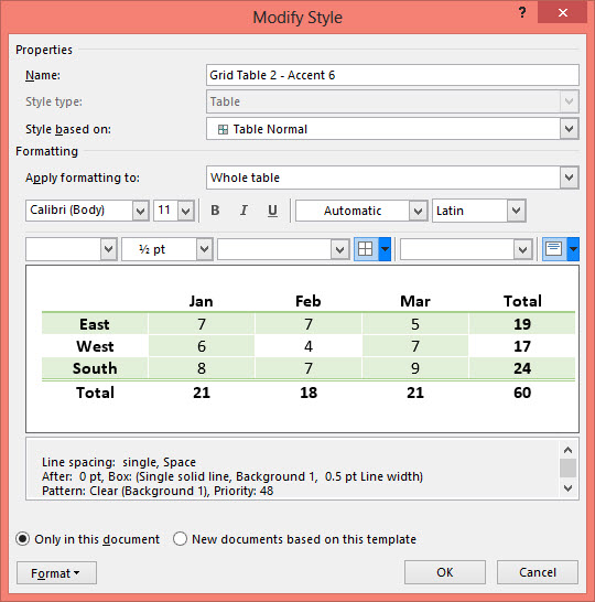 modify word table style