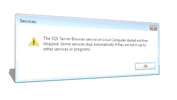 The SQL Server Browser service on Local Computer started and then stopped. Some services stop automatically if they are not in use by other services or programs.