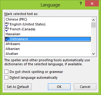 Set proofing tool language in Word
