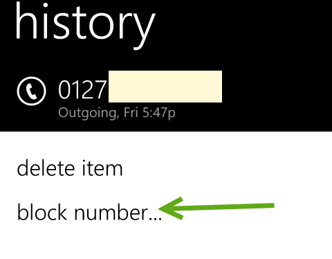 block a number in Windows Phone 8