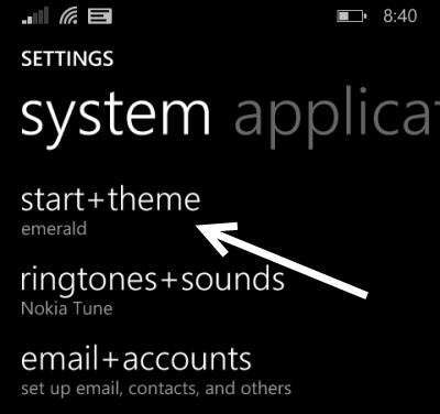 windows phone 8 start theme settings