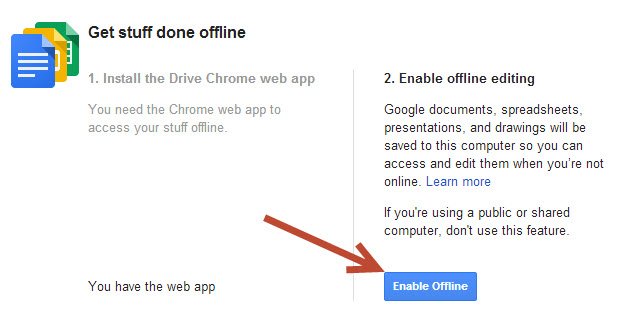 Enable offline editing Google Drive