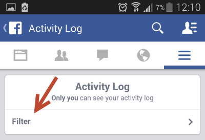 Facebook activity log filter