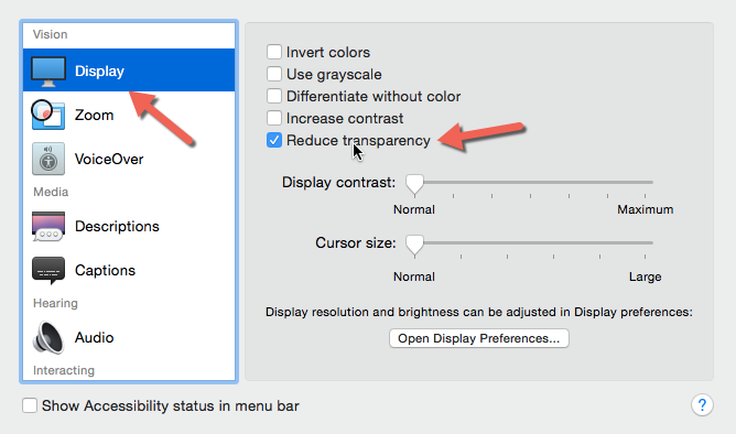 OS X Yosemite reduce transparency