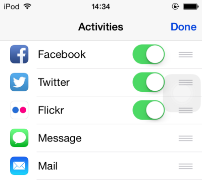 iOS edit activities in share list