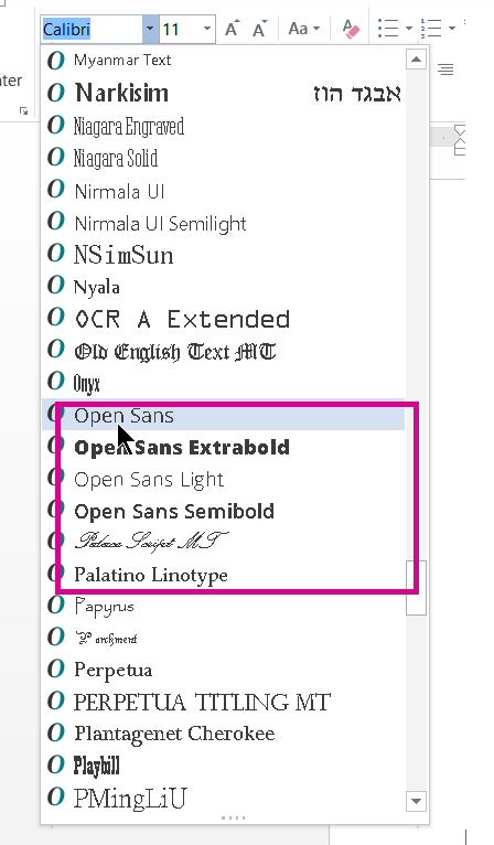 ms word chinese fonts