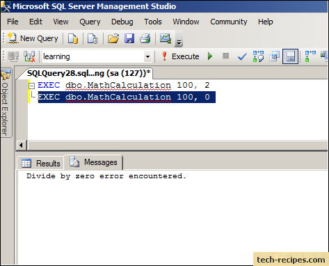 sql server error reporting in stored procedures divide by zero exception
