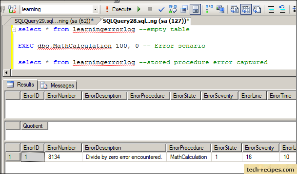 log de erro no procedimento armazenado do sql server