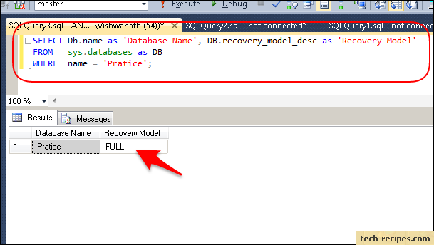 how to find sql server recovery model metadata query