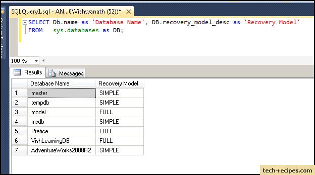 how to find sql server recovery model