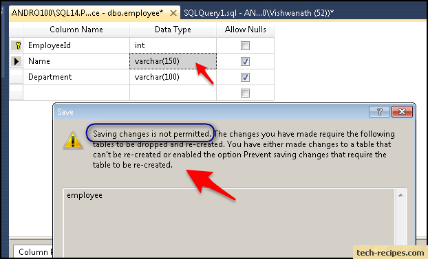 savings changes not permitted in sql server