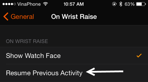 resume app on wrist raise