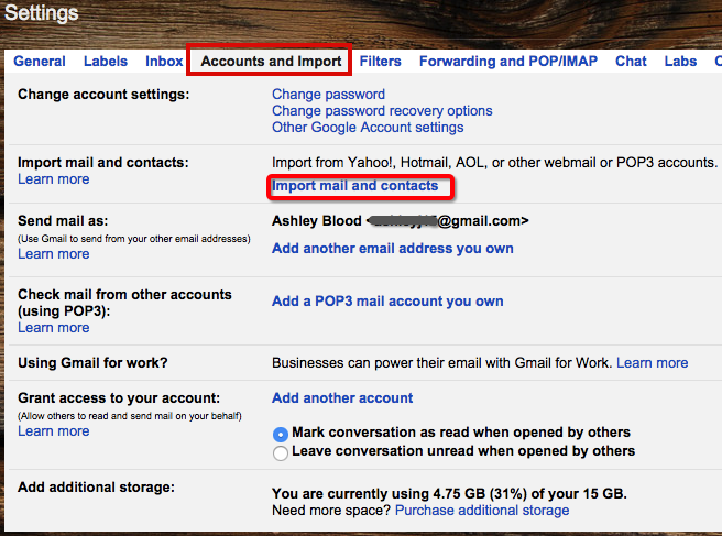 Gmail Import Settings