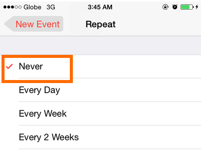 iPhone 6 - Calendar - Repeat frequency options