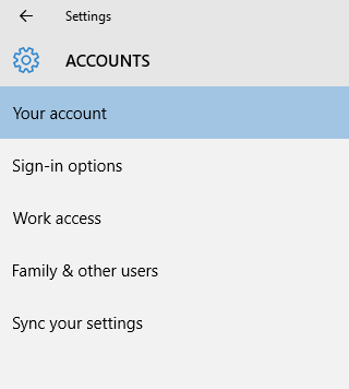 Windows 10 account setting