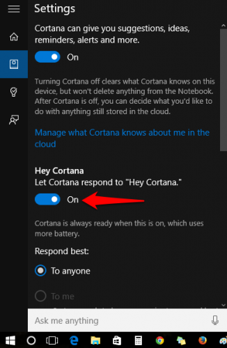 Turn on hey cortana