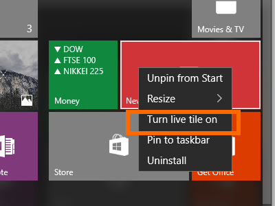 Windows 10 - App with Static Tile - Options - Turn Live Tile On
