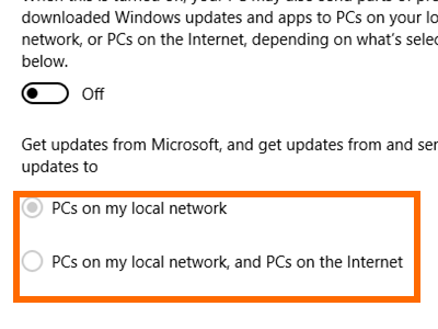 Windows 10 - Start - Settings - Choose How Updates are delivered - Choose where to get - local or local and internet