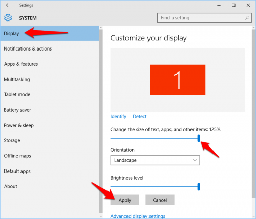 Windows 10 Display Size