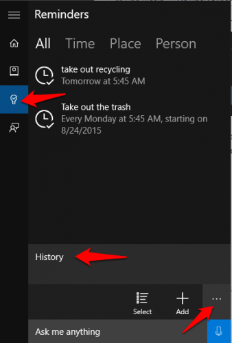 cortana reminders history